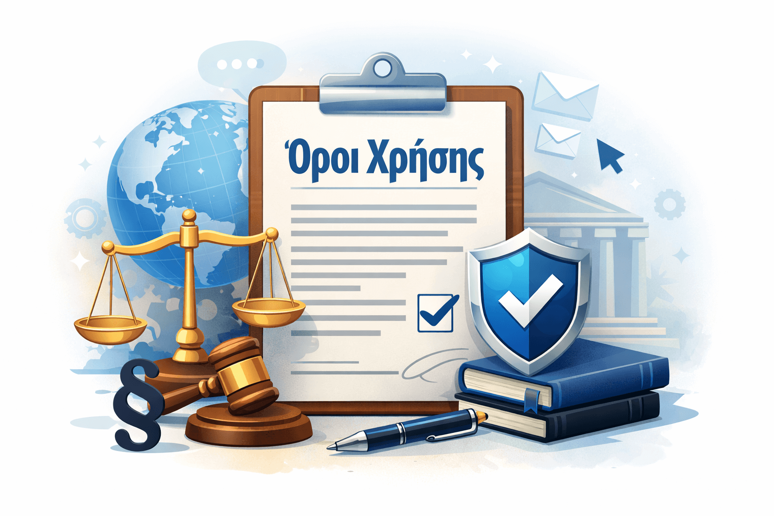 Εικονογράφηση “Όροι Χρήσης”: clipboard με έγγραφο, ζυγαριά δικαιοσύνης, σφυρί, ασπίδα ασφαλείας και βιβλία, σε μπλε αποχρώσεις.