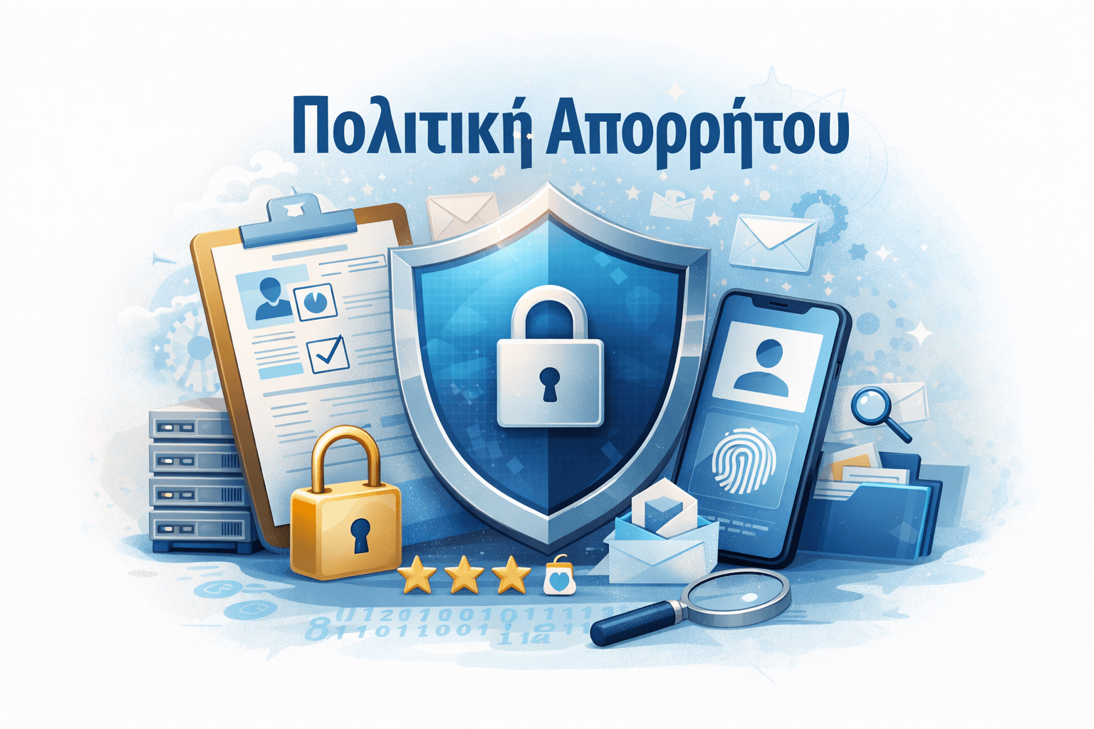 Εικονογράφηση “Πολιτική Απορρήτου”: μεγάλη μπλε ασπίδα με λουκέτο, έντυπα δεδομένων σε clipboard, servers, κινητό με εικονίδιο χρήστη και δακτυλικό αποτύπωμα, φακός και φάκελοι σε μπλε αποχρώσεις.