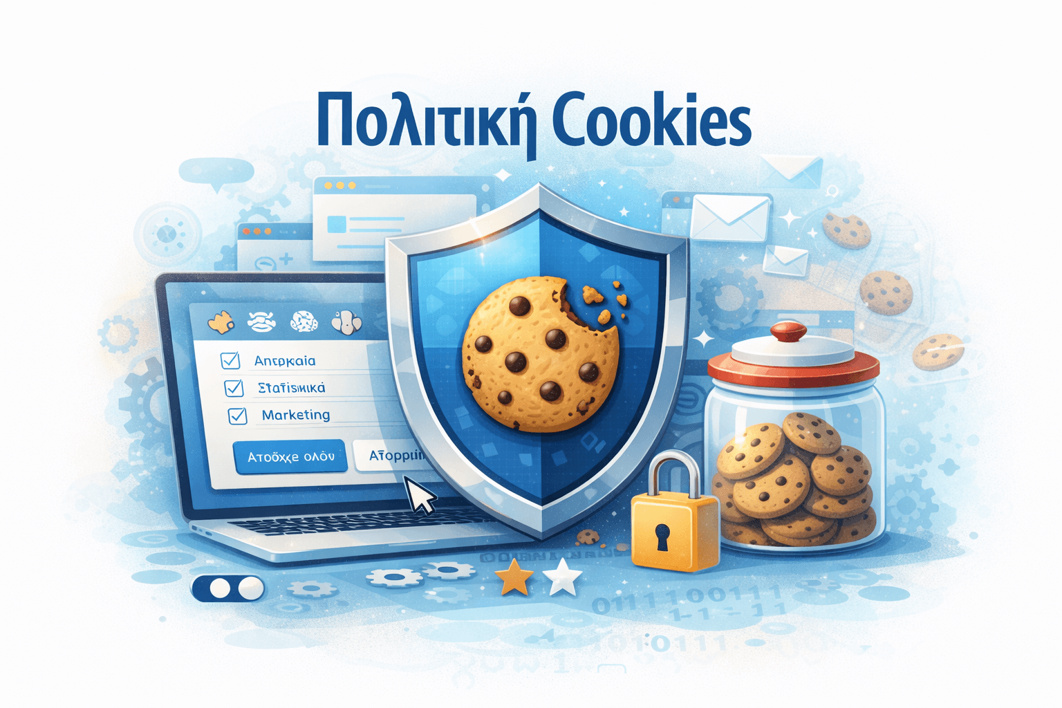 Εικονογράφηση “Πολιτική Cookies”: οθόνη laptop με παράθυρο συγκατάθεσης (Απαραίτητα/Στατιστικά/Marketing), μεγάλη ασπίδα με μπισκότο στο κέντρο, γυάλινο βάζο με cookies και λουκέτο, σε μπλε αποχρώσεις.